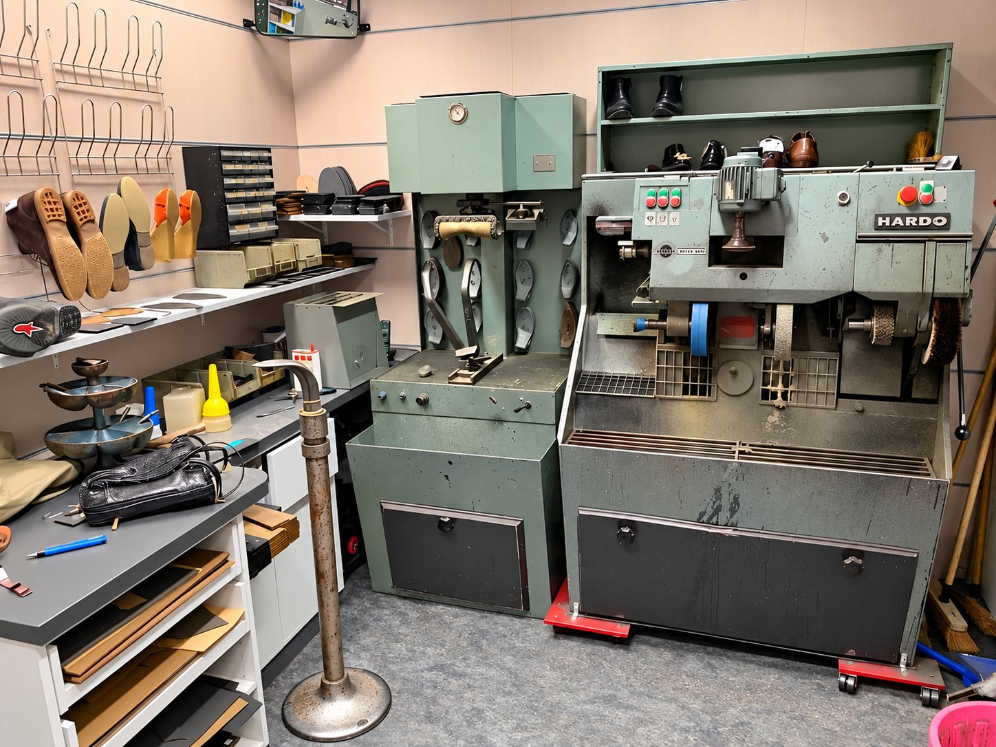 Atelier de cordonnerie avec machines anciennes et outils de réparation